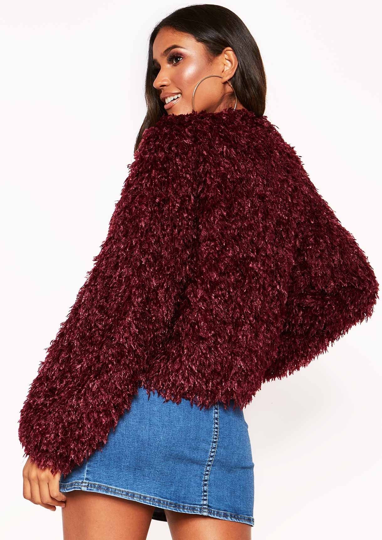 Wine Fluffy Cardigan sold by Missy Empire