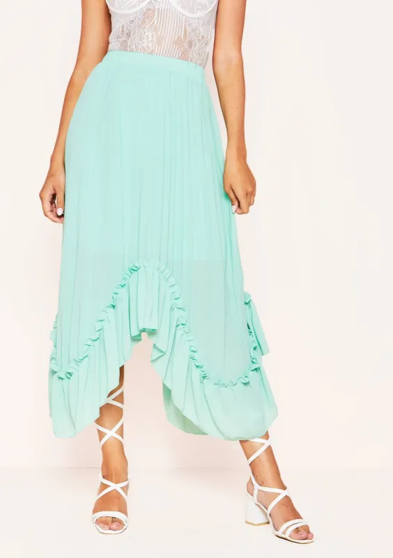 Joy Mint Green Pleated Frill Midi Skirt sold by Missy Empire