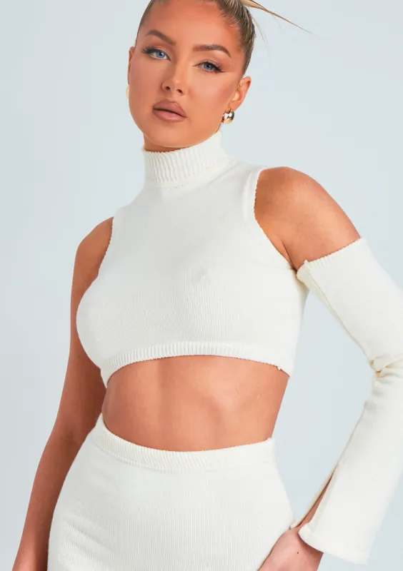 Amber Cream One Sleeve Knitted Crop Top sold by Missy Empire