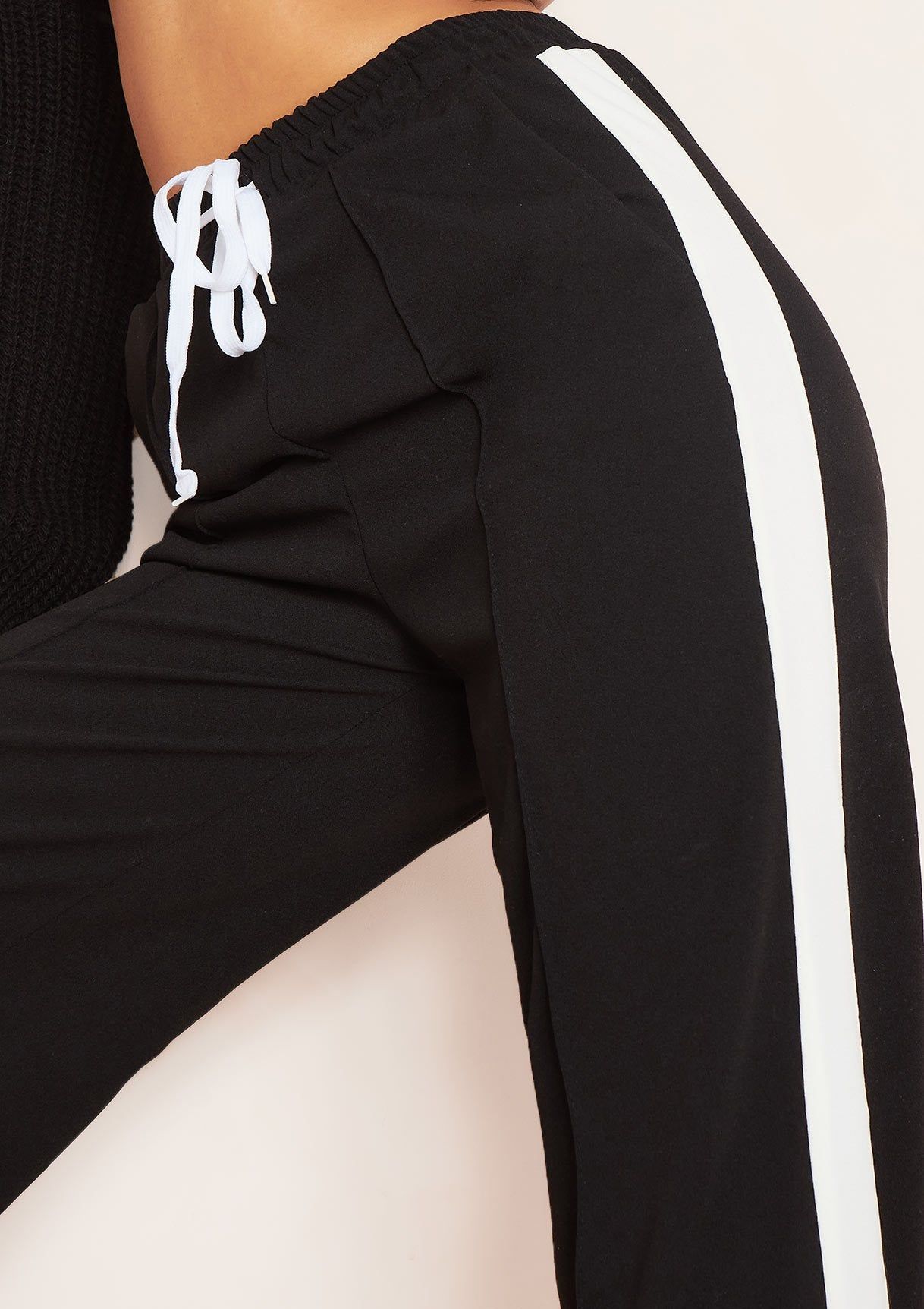 Kia Black Tricot Wide Leg Stripe Joggers sold by Missy Empire product image thumbnail 4