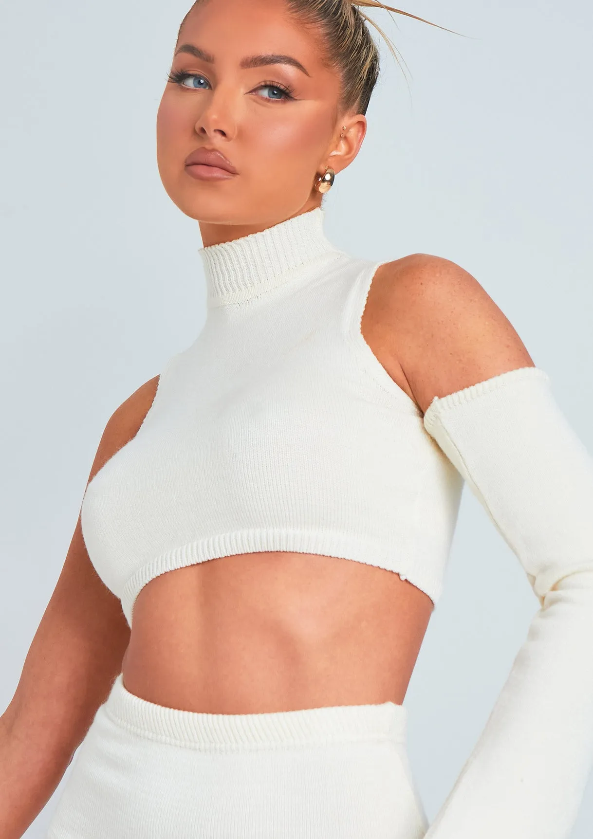 Amber Cream One Sleeve Knitted Crop Top sold by Missy Empire product image thumbnail 2