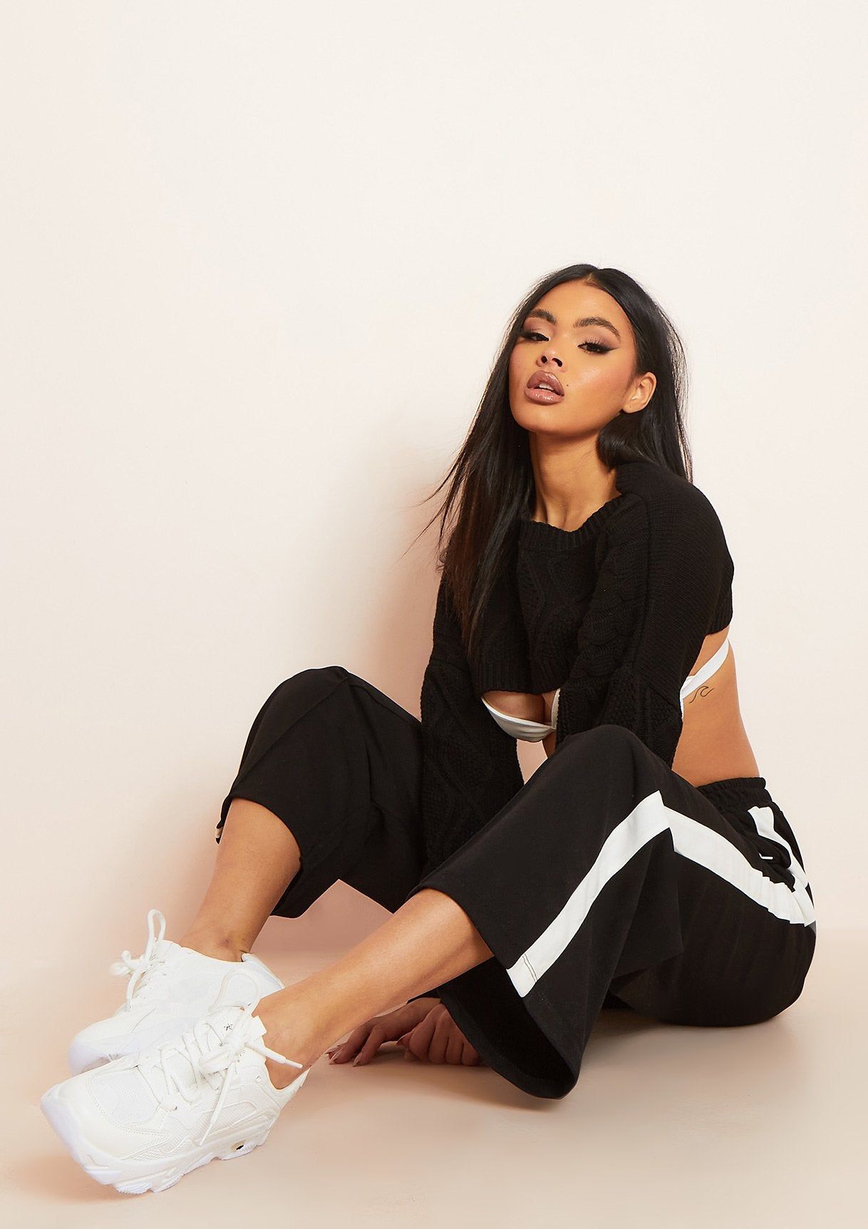 Kia Black Tricot Wide Leg Stripe Joggers sold by Missy Empire product image thumbnail 5