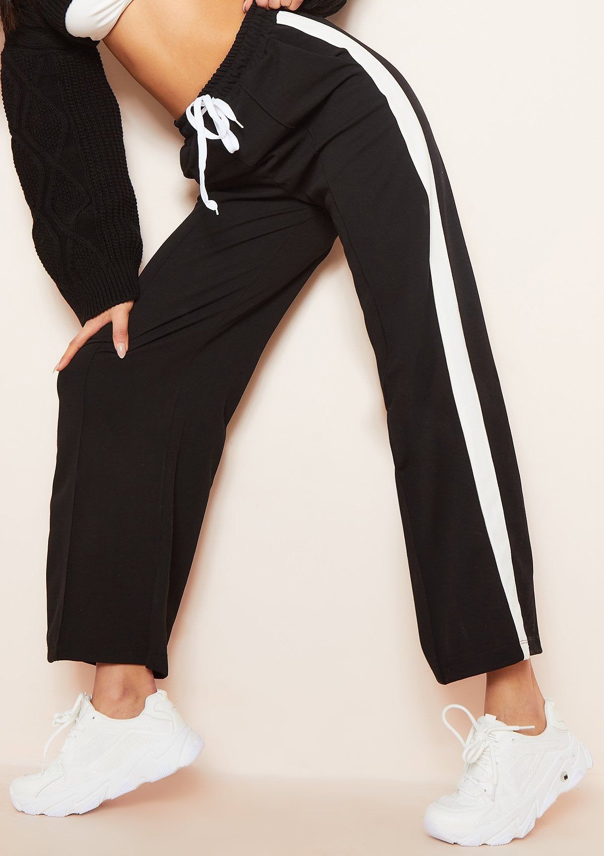 Kia Black Tricot Wide Leg Stripe Joggers sold by Missy Empire product image thumbnail 2