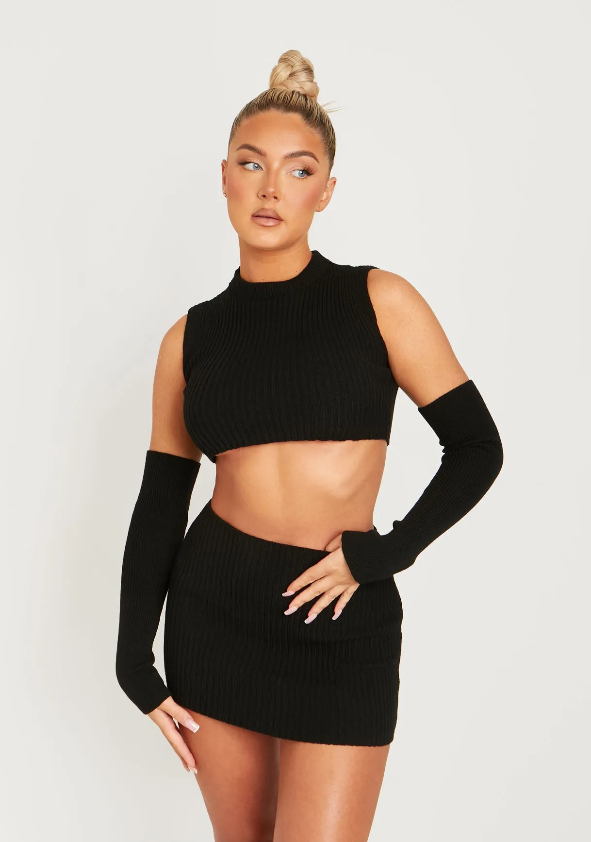 Cali Black Knitted Crop Top With Separate Sleeves sold by Missy Empire