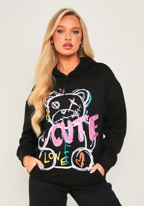 Pippa Black Bear Print Graffiti Hoodie sold by Missy Empire