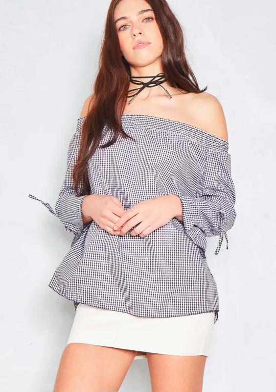 Kiah Black Gingham Bardot Top sold by Missy Empire