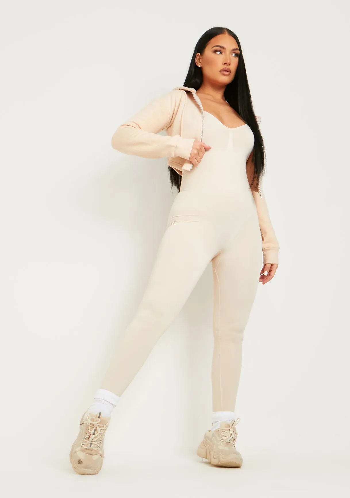 Daniella Beige Dip Hem Zip Up Cropped Hoodie sold by Missy Empire product image thumbnail 4