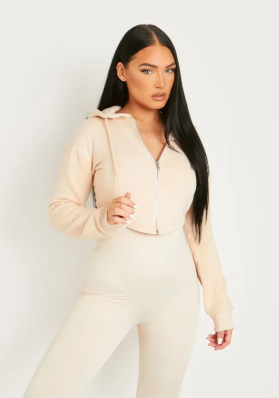 Daniella Beige Dip Hem Zip Up Cropped Hoodie made by Missy Empire