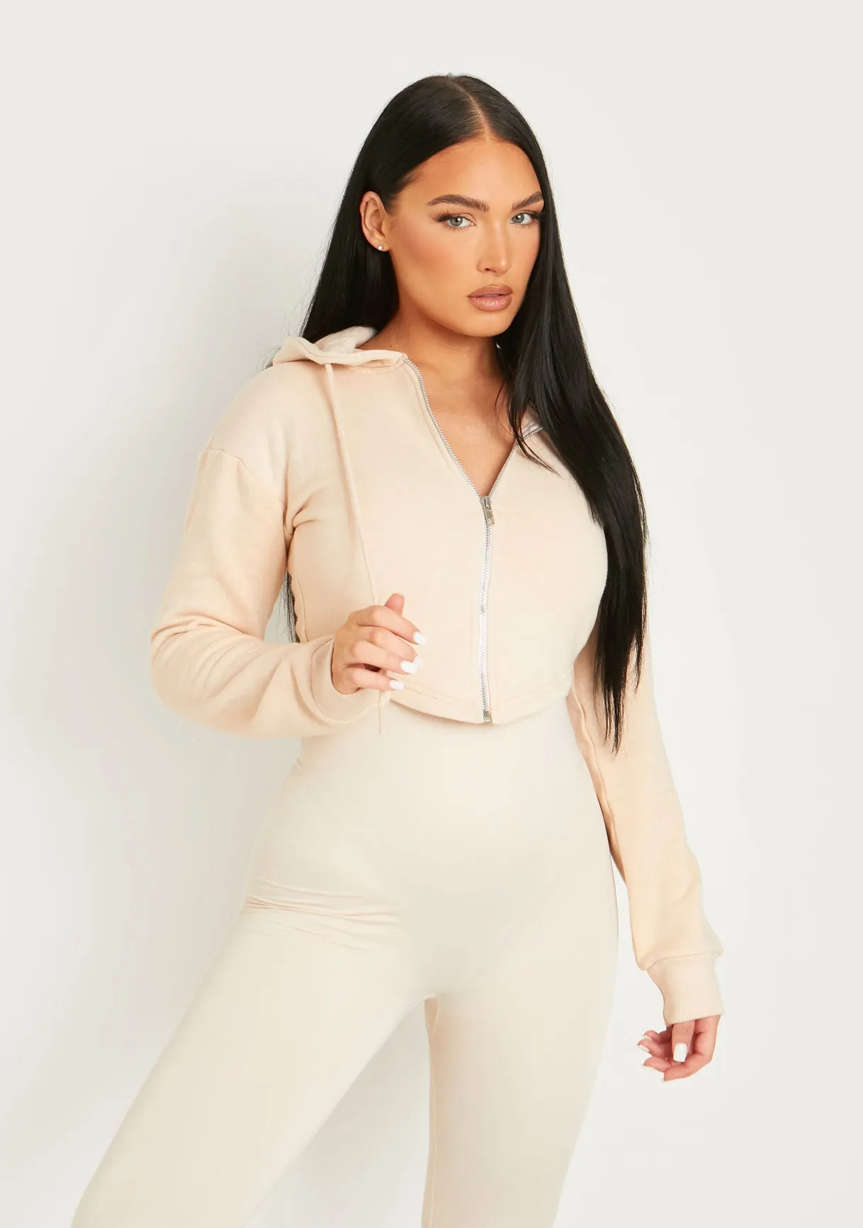 Daniella Beige Dip Hem Zip Up Cropped Hoodie sold by Missy Empire