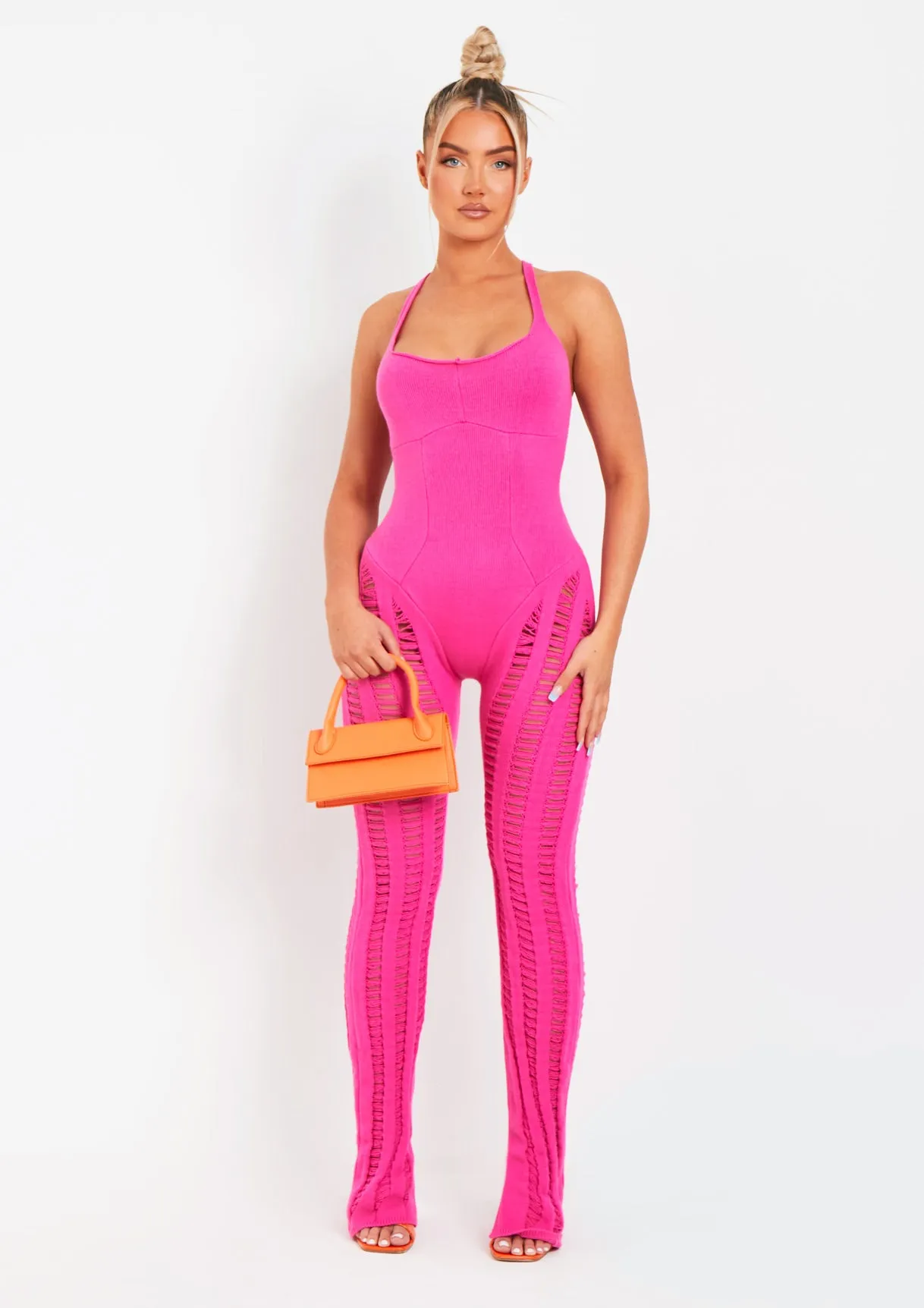 Eva Pink Laddered Knitted Seam Jumpsuit sold by Missy Empire