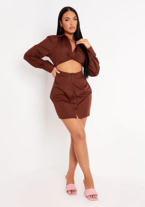 Gabi Chocolate Cut-out Detail Mini Fitted Shirt Dress sold by Missy Empire