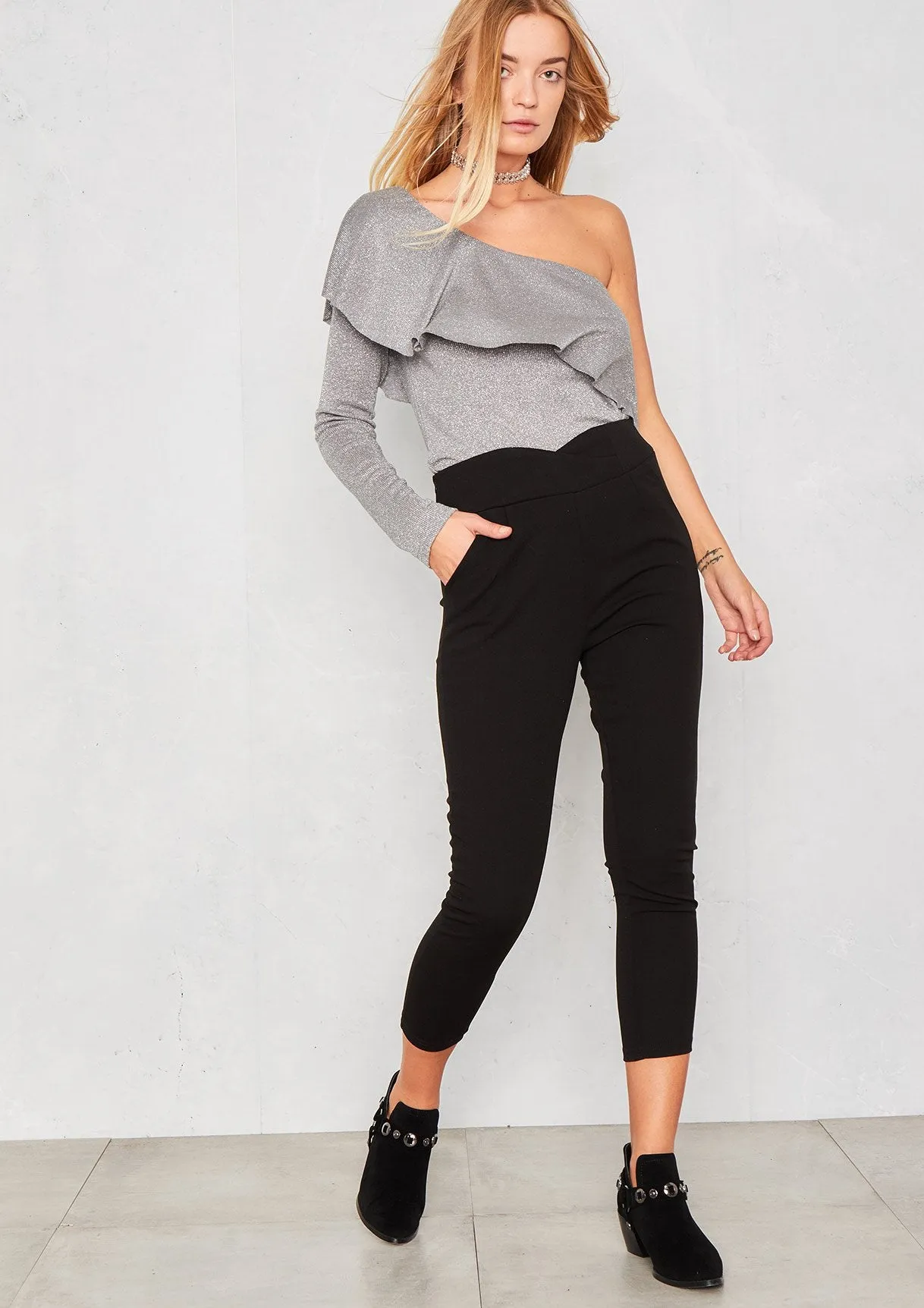 Brisa Grey Lurex Frill One Shoulder Top sold by Missy Empire product image thumbnail 5