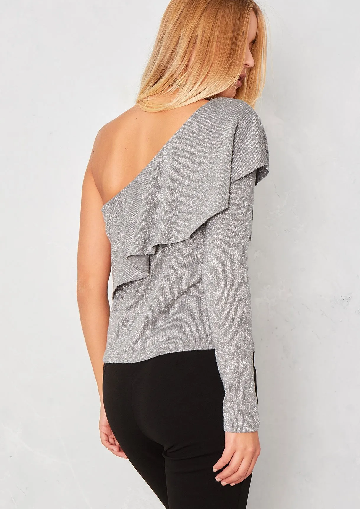 Brisa Grey Lurex Frill One Shoulder Top sold by Missy Empire product image thumbnail 2