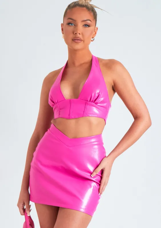 Dania Pink V Front Leather Look Mini Skirt sold by Missy Empire
