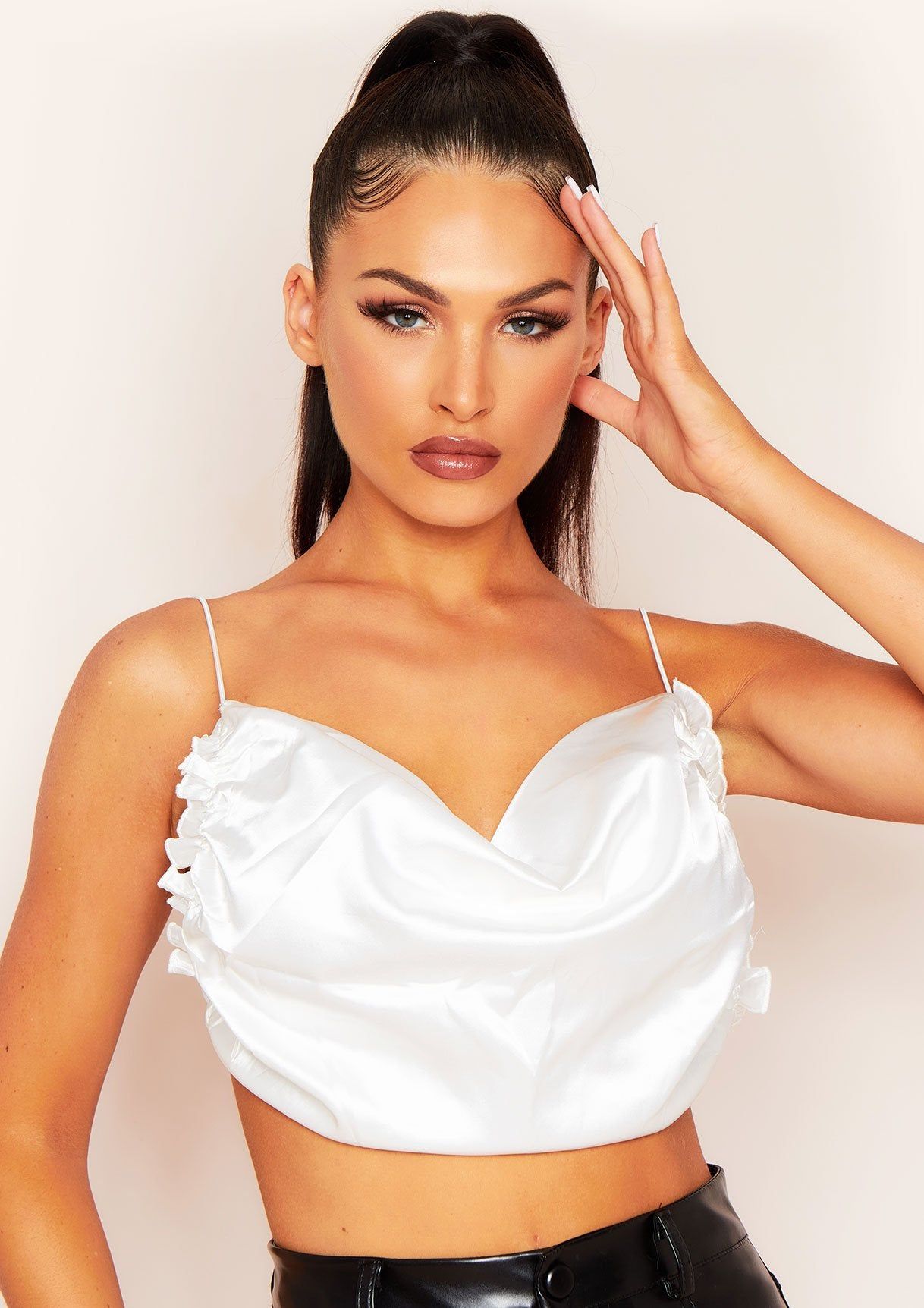 Lucy Cream Satin Ruched Side Cross Strap Crop Top sold by Missy Empire product image thumbnail 3