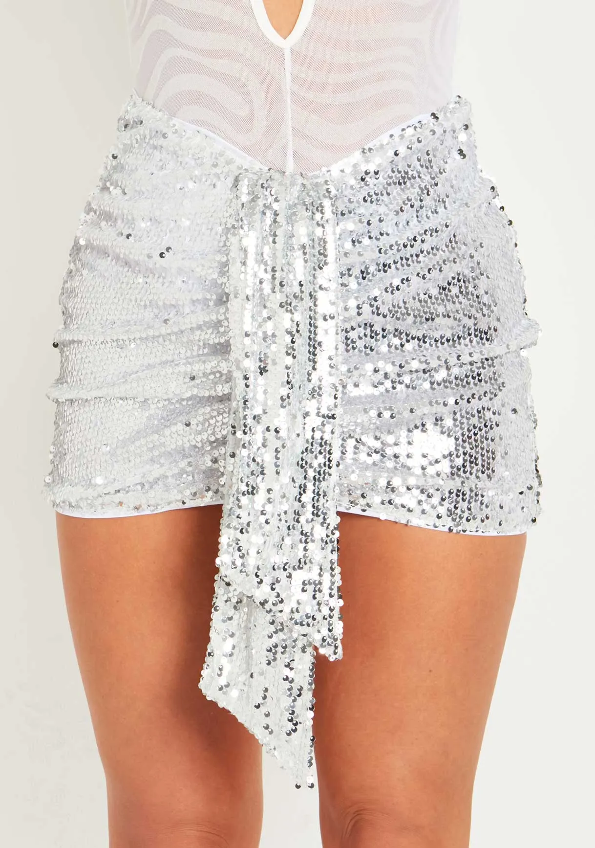 Nerida Silver Sequin Drape Mini Skirt sold by Missy Empire product image thumbnail 3
