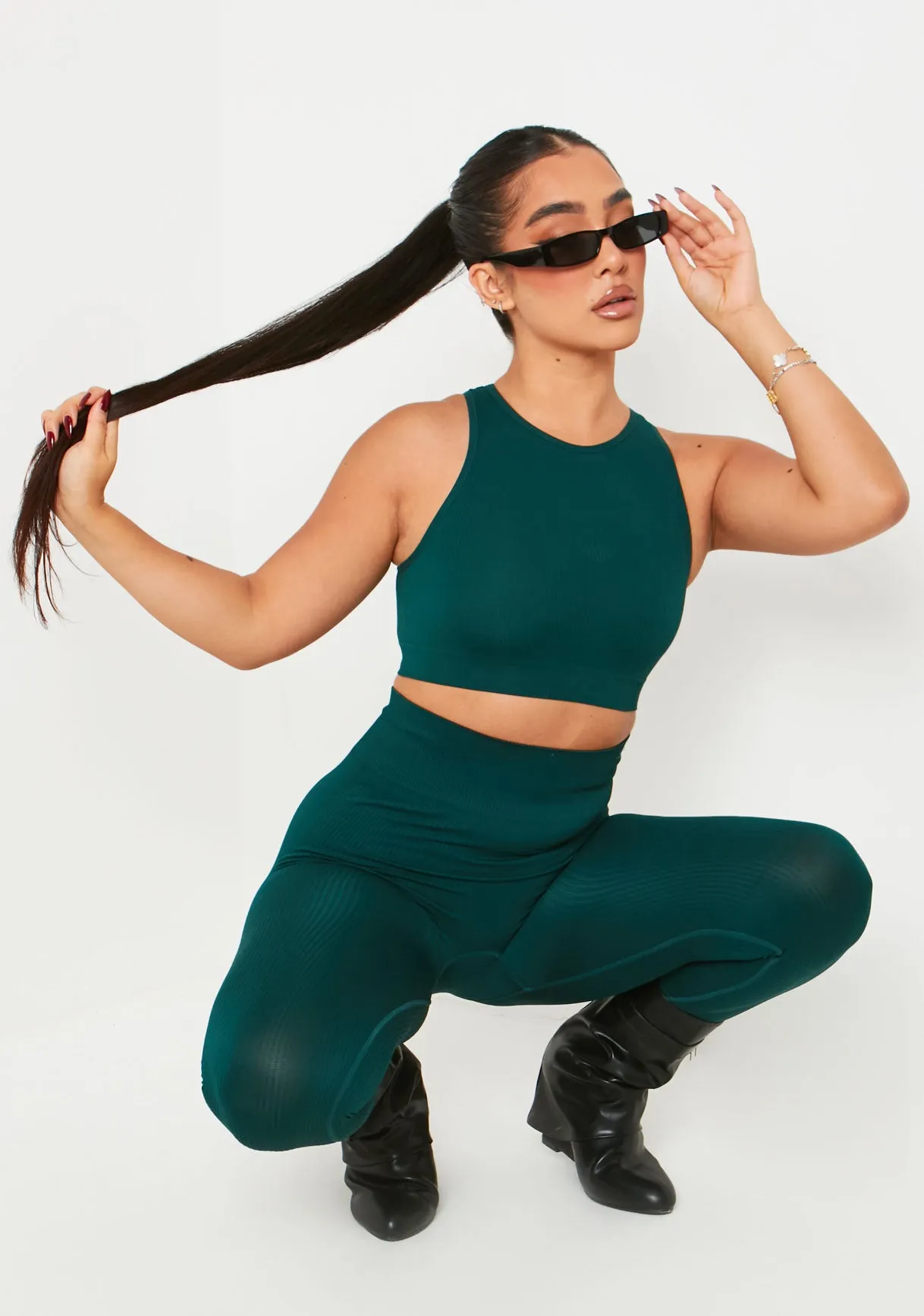 Jacqueline Dark Green Seamless Ribbed Racer Crop Top sold by Missy Empire product image thumbnail 4