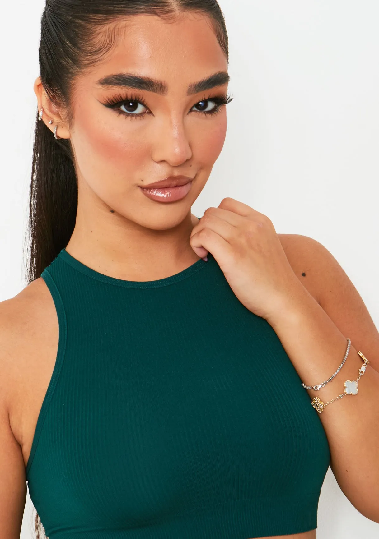 Jacqueline Dark Green Seamless Ribbed Racer Crop Top sold by Missy Empire product image thumbnail 2