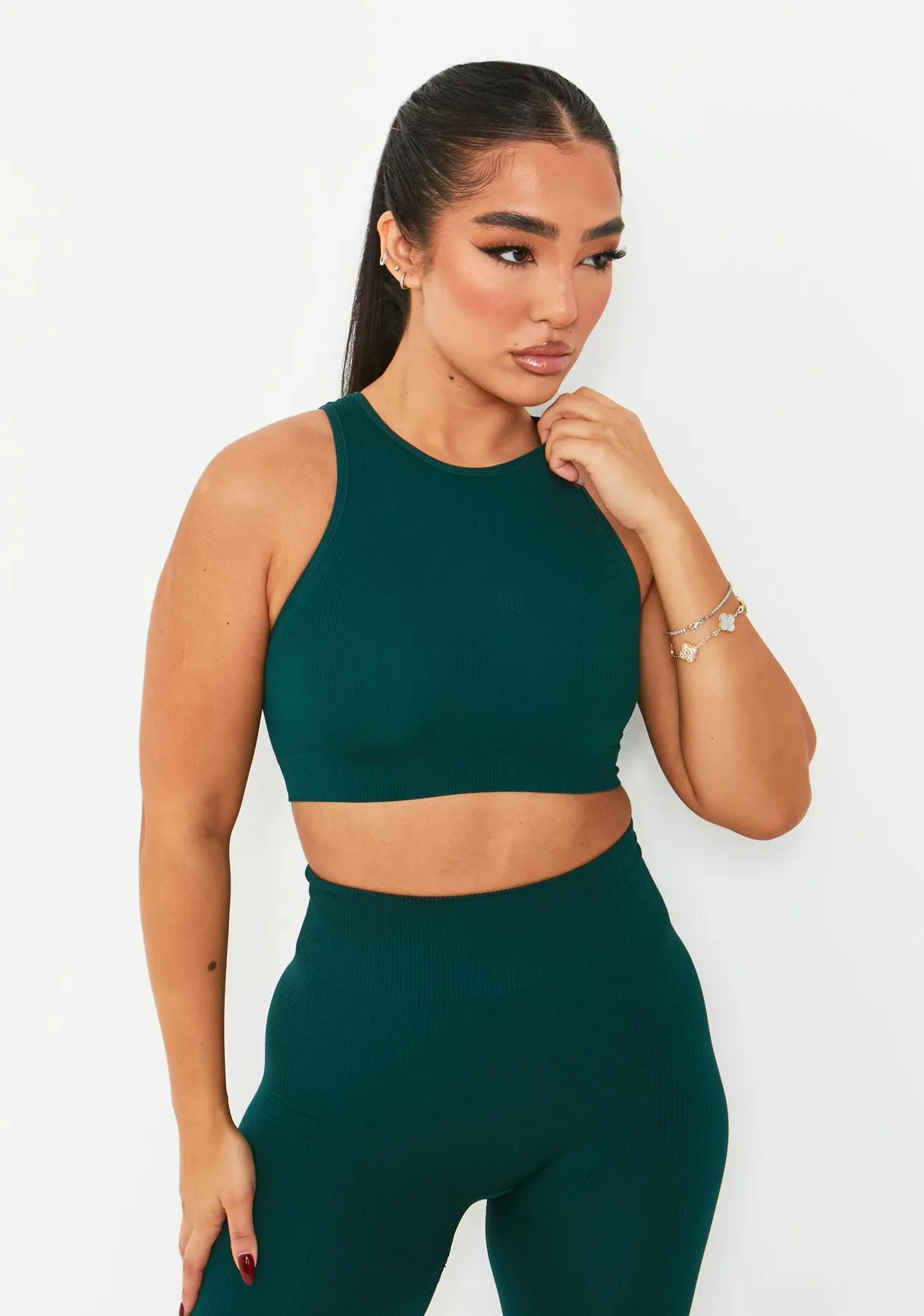 Jacqueline Dark Green Seamless Ribbed Racer Crop Top sold by Missy Empire