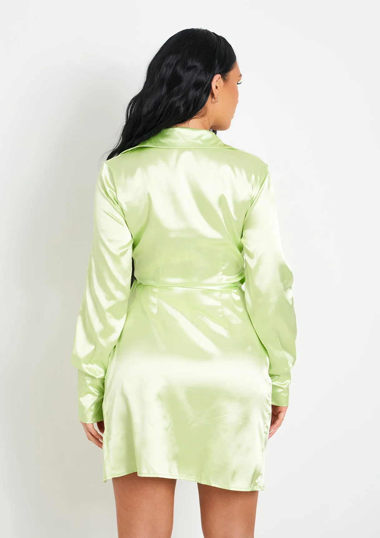 Mira Lime Satin Tie Waist Wrap Plunge Midi Dress sold by Missy Empire product image thumbnail 3