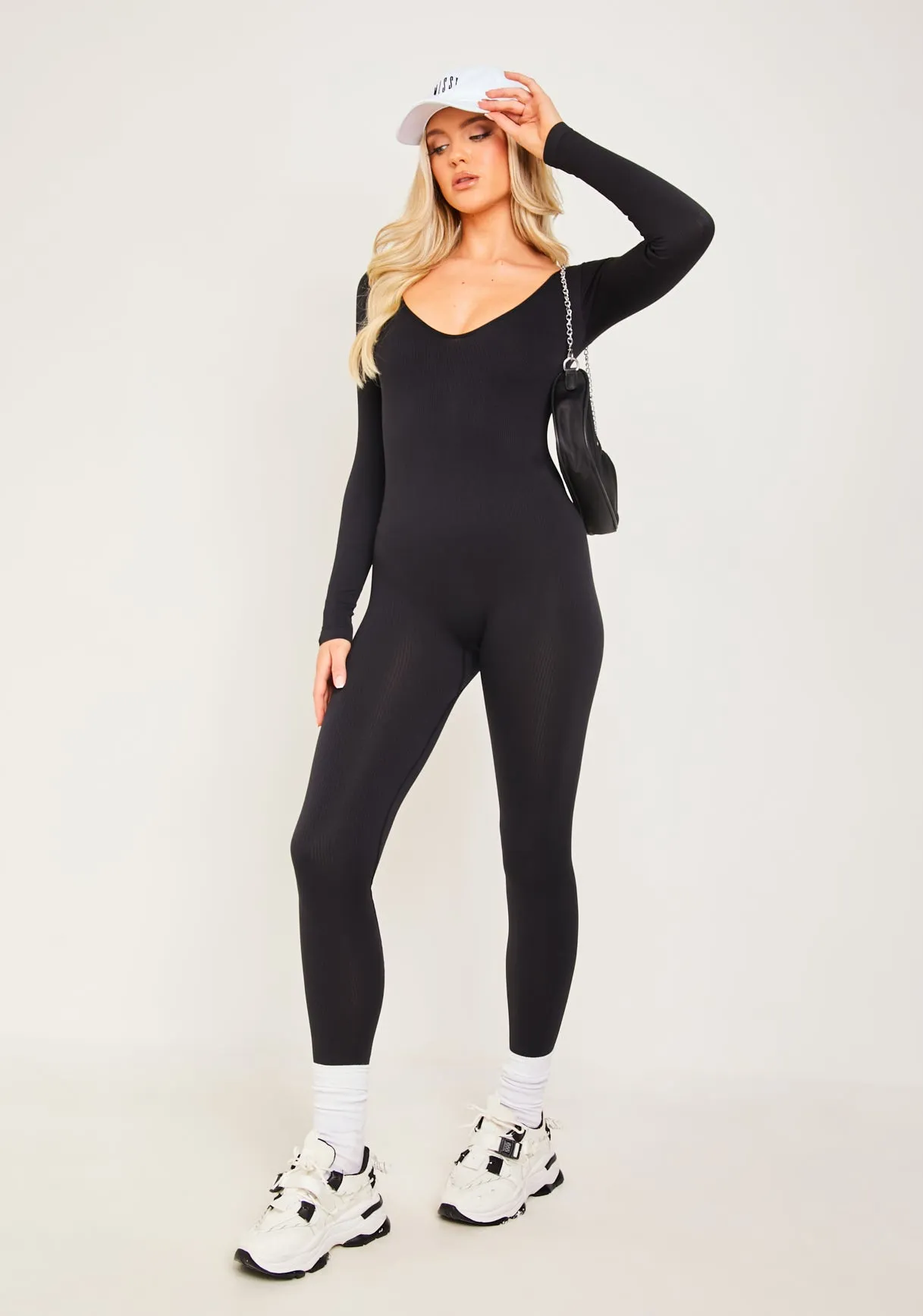 Eli Black Plunge Ribbed Seamless Long Sleeve Jumpsuit sold by Missy Empire product image thumbnail 4