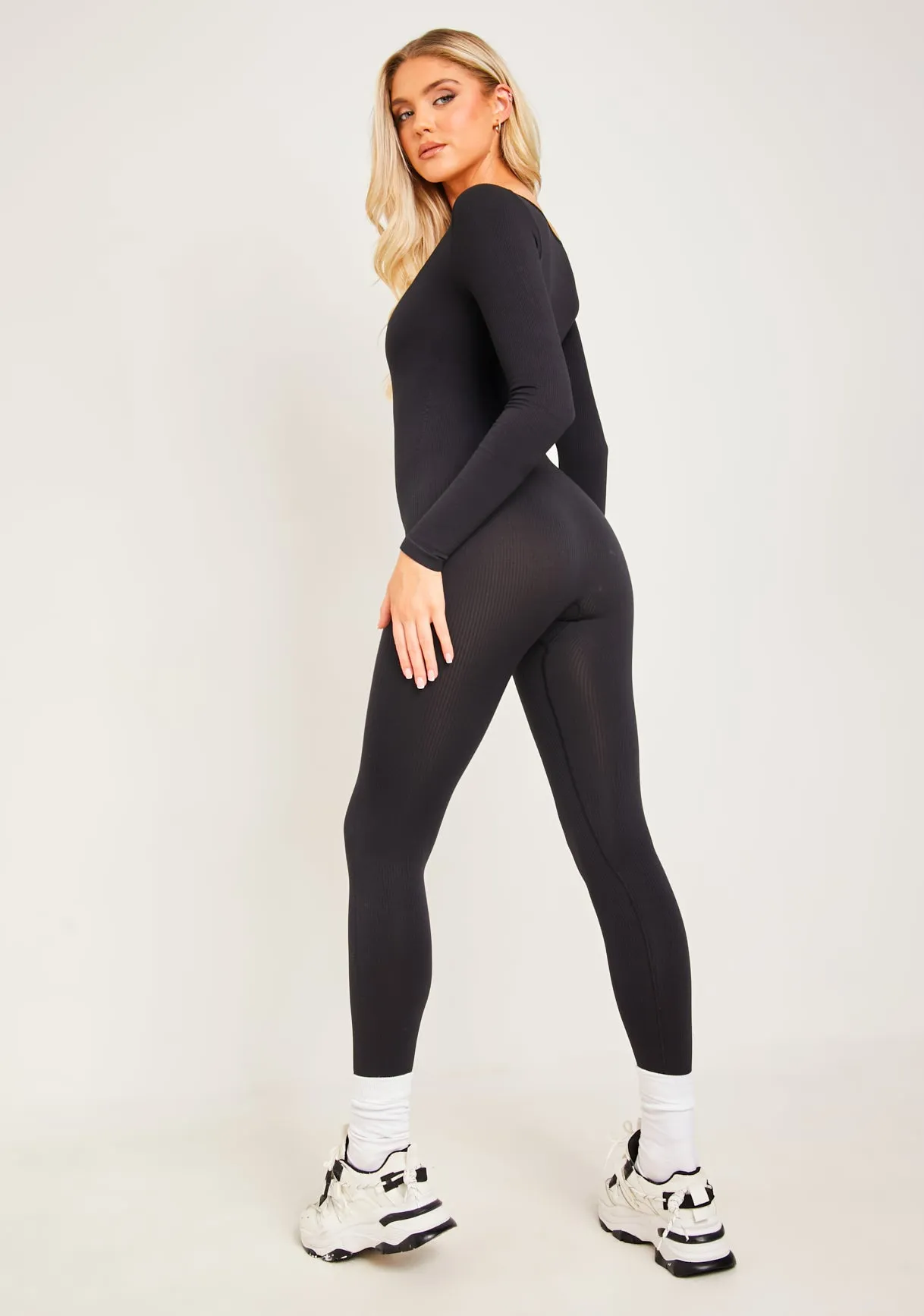 Eli Black Plunge Ribbed Seamless Long Sleeve Jumpsuit sold by Missy Empire product image thumbnail 2