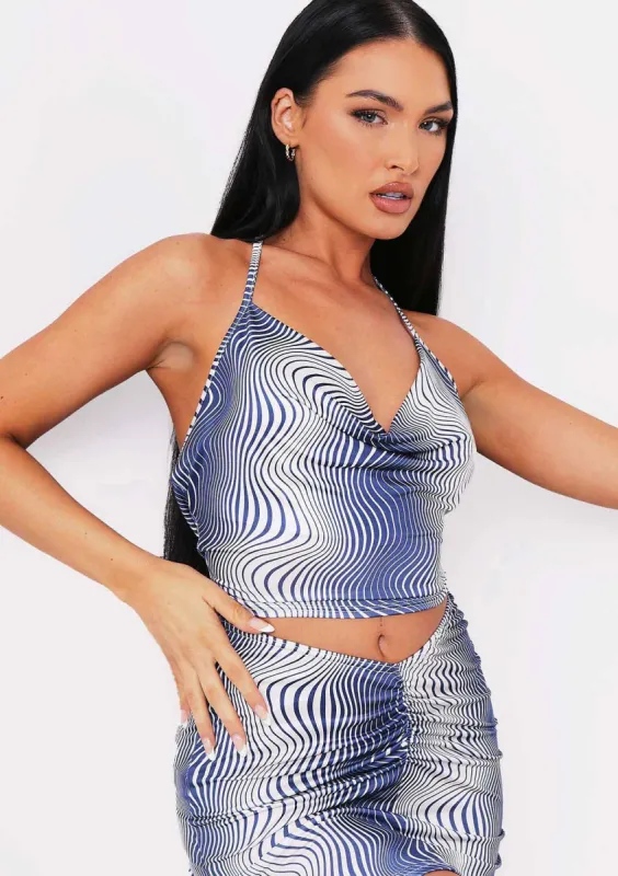 Abbie Blue Printed Cowl Neck Crop Top sold by Missy Empire