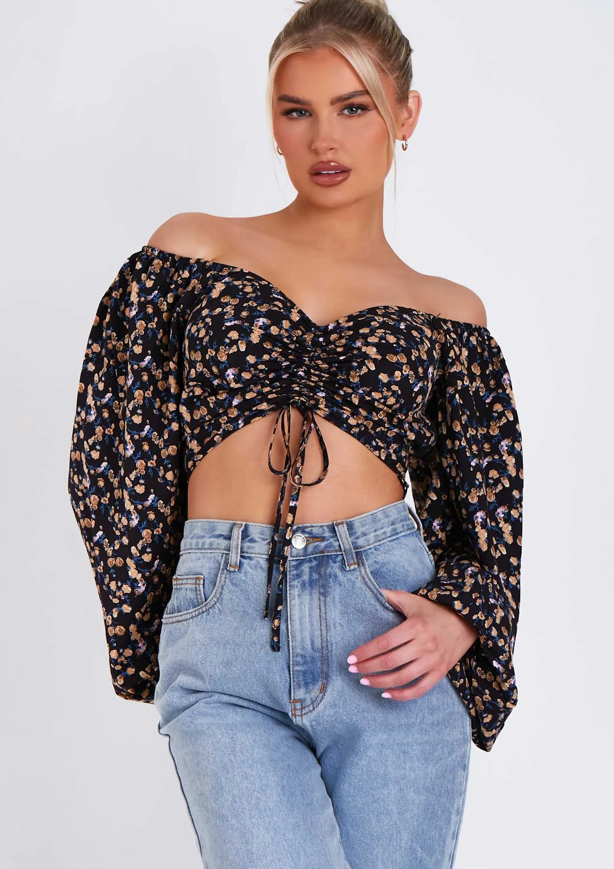 Marla Floral Print Ruched Balloon Sleeve Cropped Blouse sold by Missy Empire