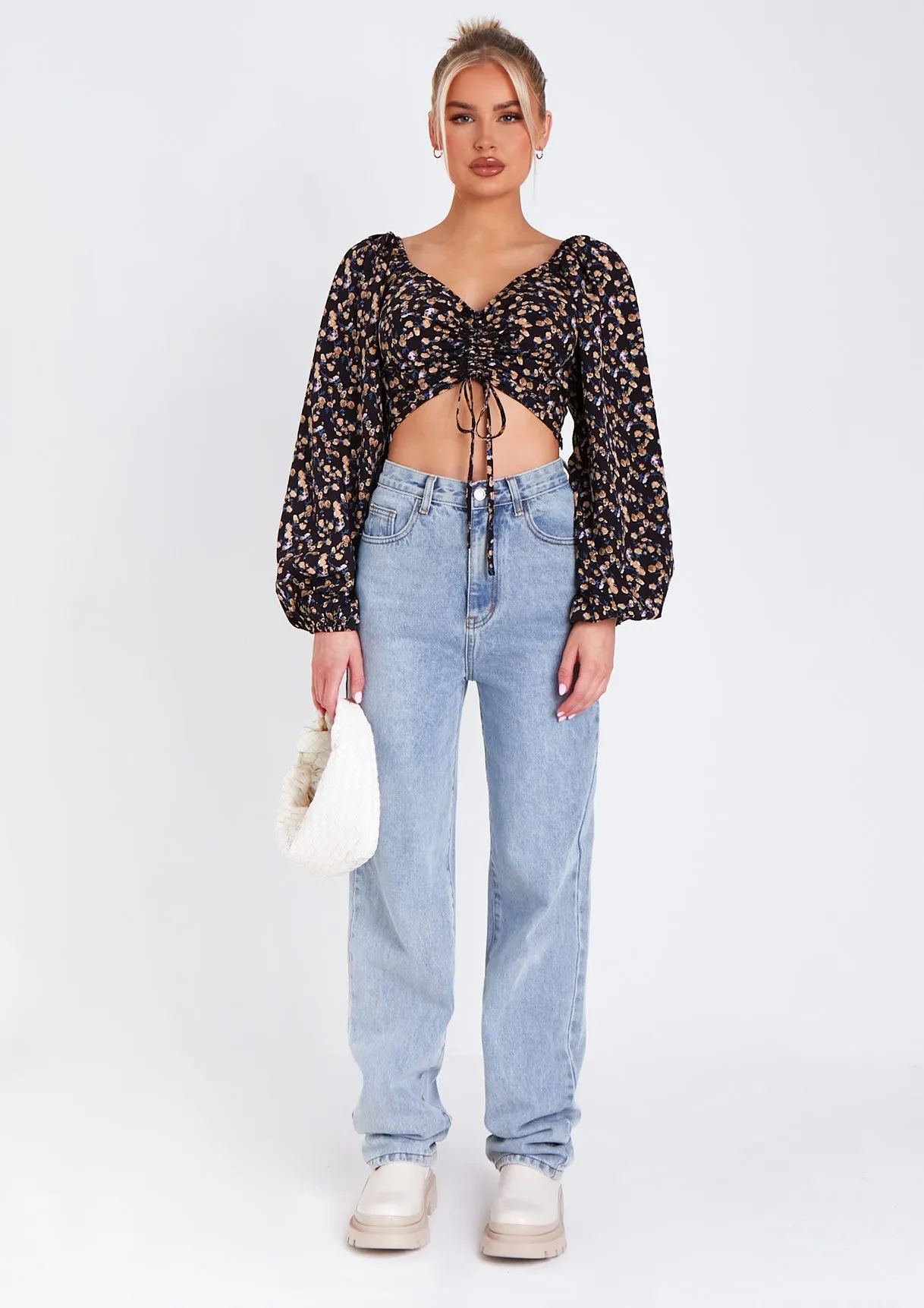 Marla Floral Print Ruched Balloon Sleeve Cropped Blouse sold by Missy Empire product image thumbnail 4