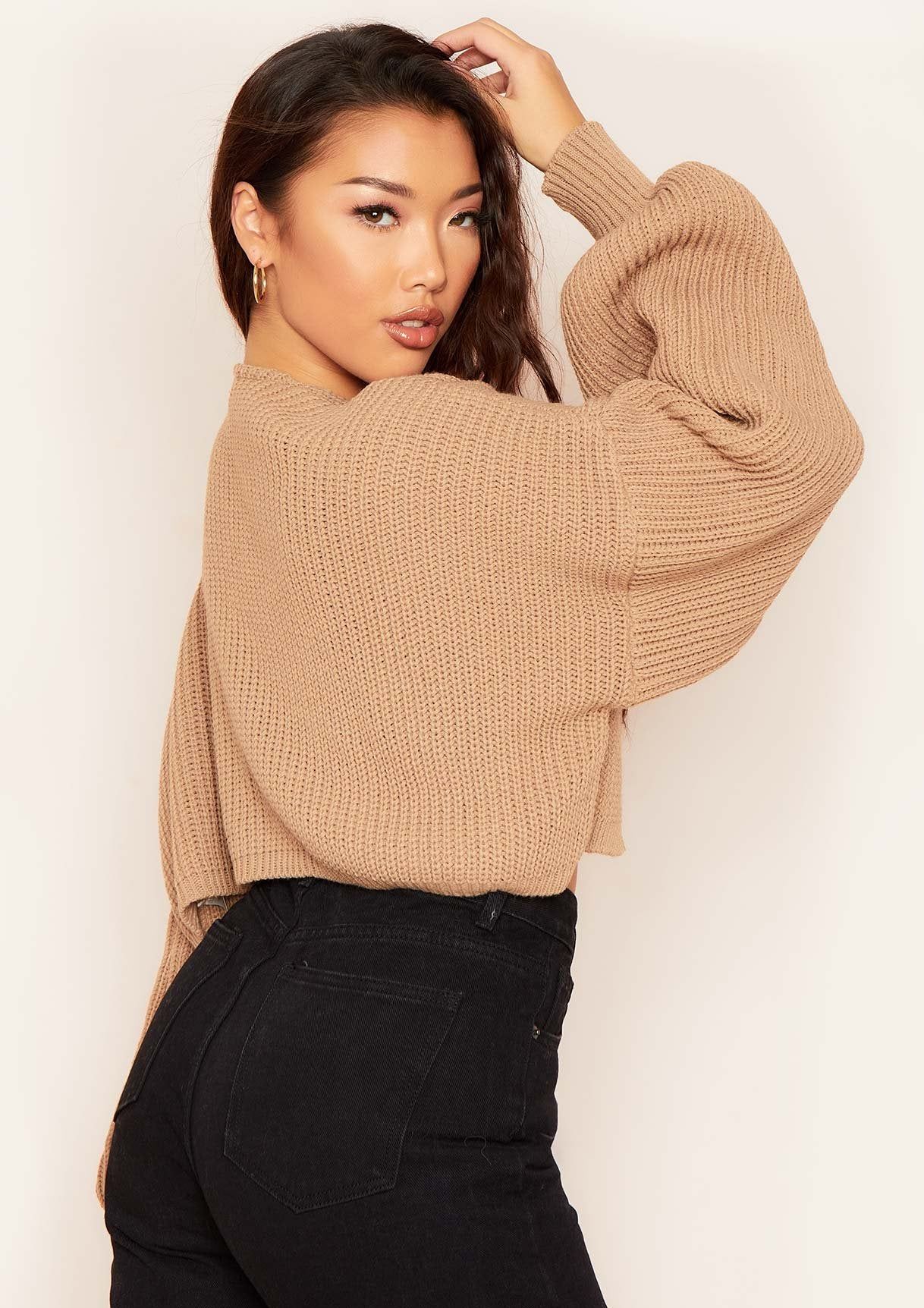 Katrina Mocha Balloon Sleeve Knitted Cropped Cardigan sold by Missy Empire product image thumbnail 2