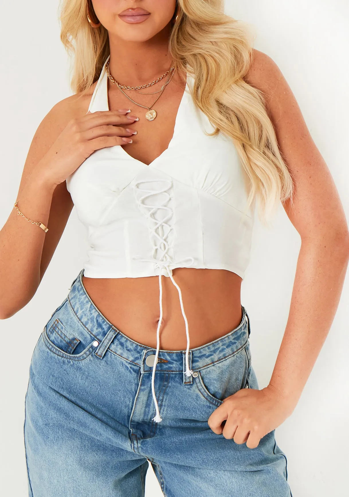 Zoey White Lace Up Detail Halter Top sold by Missy Empire product image thumbnail 3