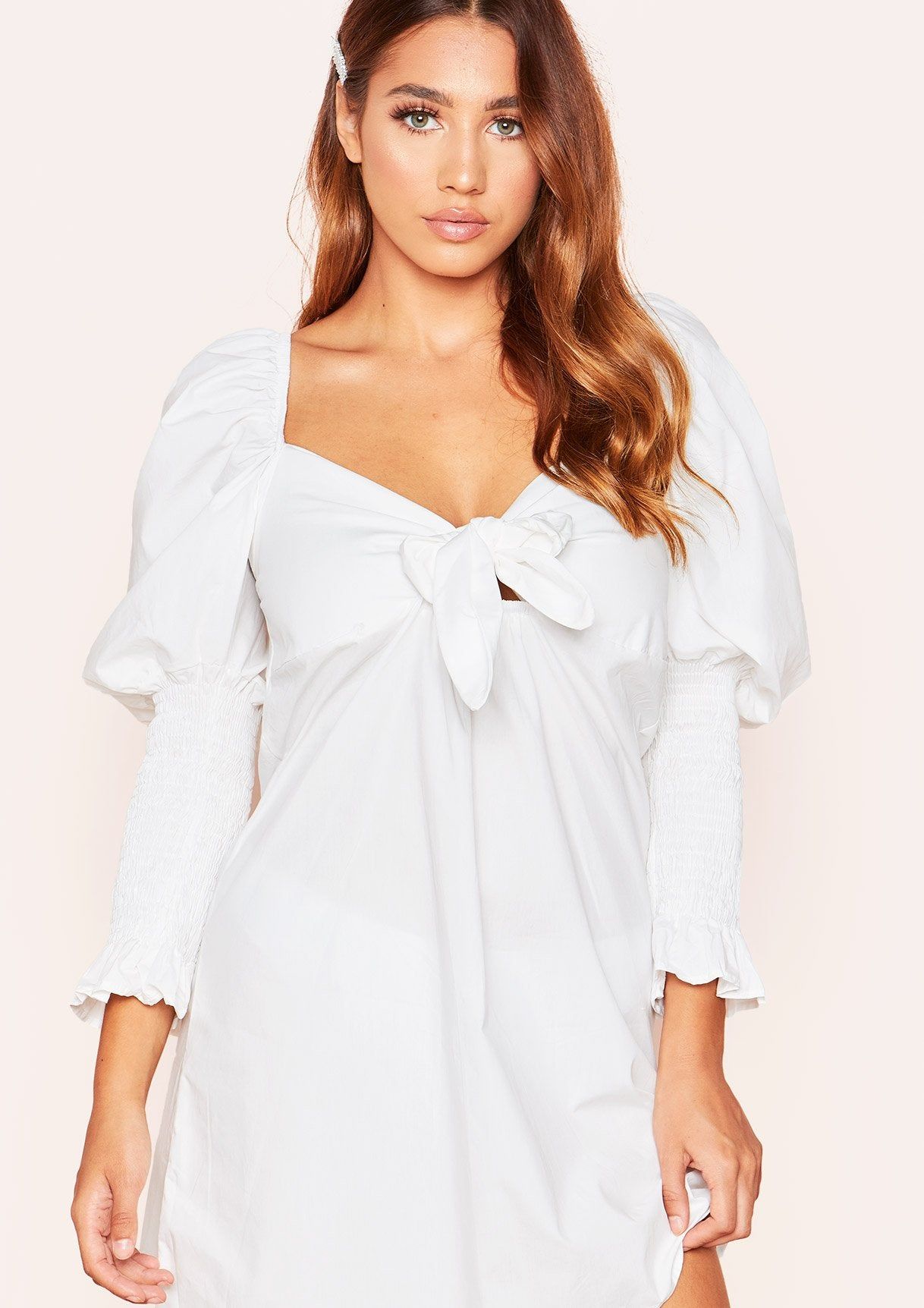Lucy White Tie Front Puff Smock Sleeve Dress sold by Missy Empire product image thumbnail 3