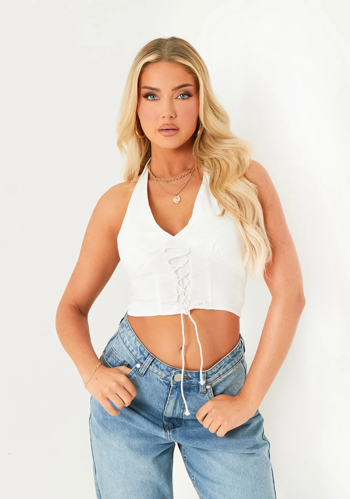 Zoey White Lace Up Detail Halter Top sold by Missy Empire