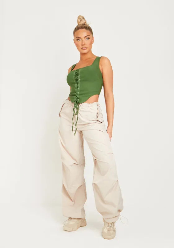 Polly Khaki Lace Up Corset Top sold by Missy Empire