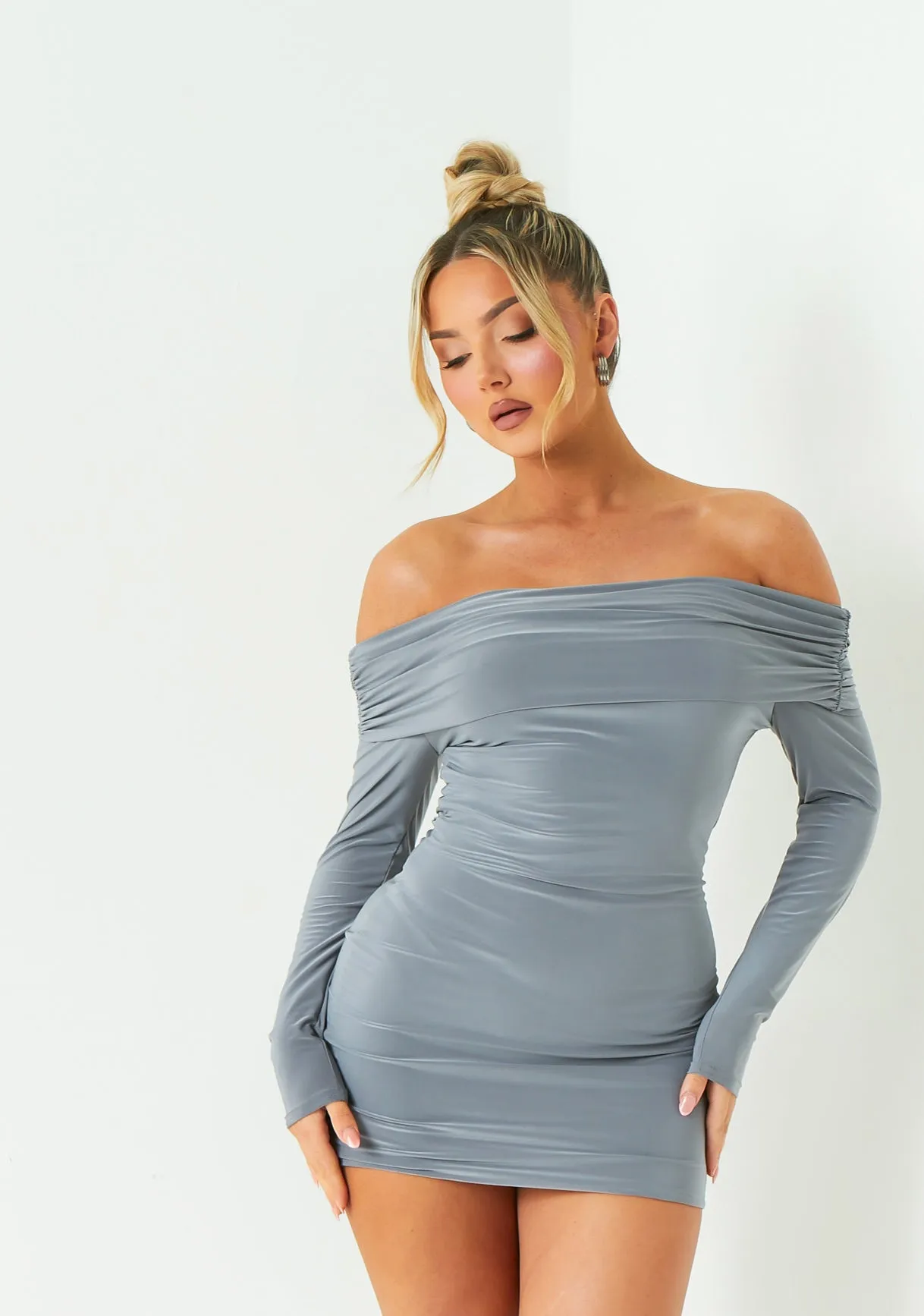 Elle Charcoal Fold Down Long Sleeve Bardot Dress sold by Missy Empire product image thumbnail 4