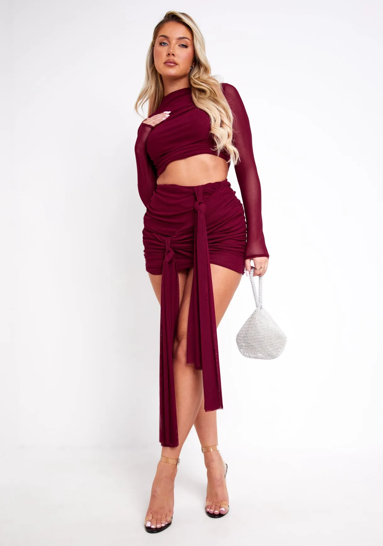 Mariah Burgundy Mesh Long Sleeve Crop Top sold by Missy Empire product image thumbnail 4