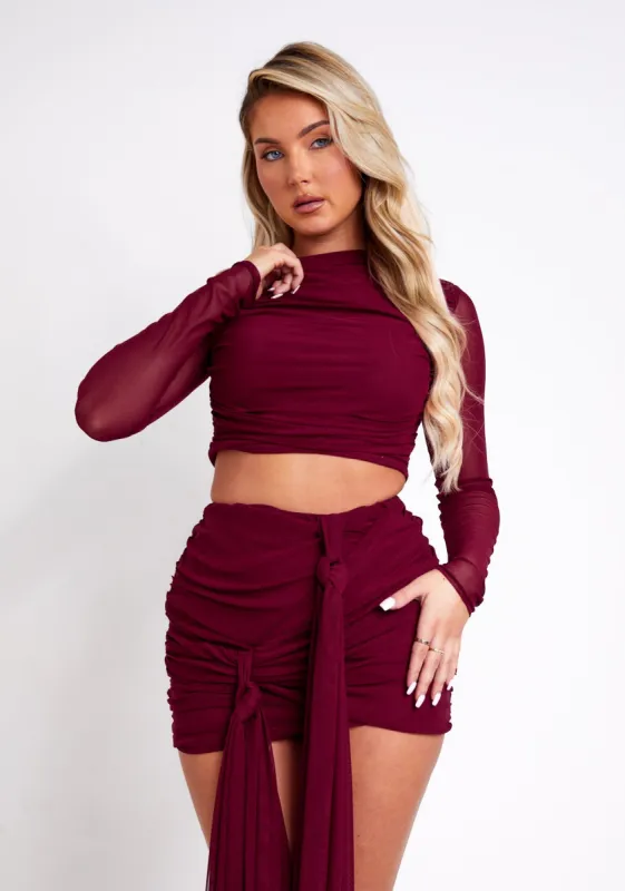 Mariah Burgundy Mesh Long Sleeve Crop Top sold by Missy Empire