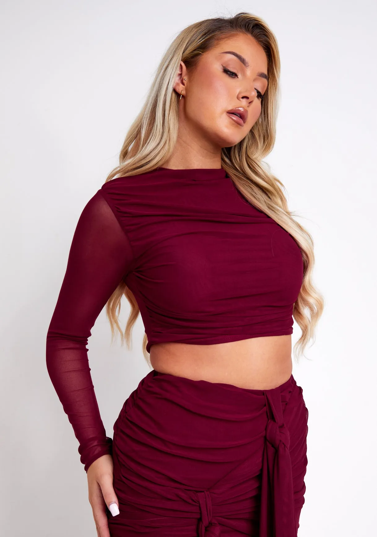 Mariah Burgundy Mesh Long Sleeve Crop Top sold by Missy Empire product image thumbnail 2