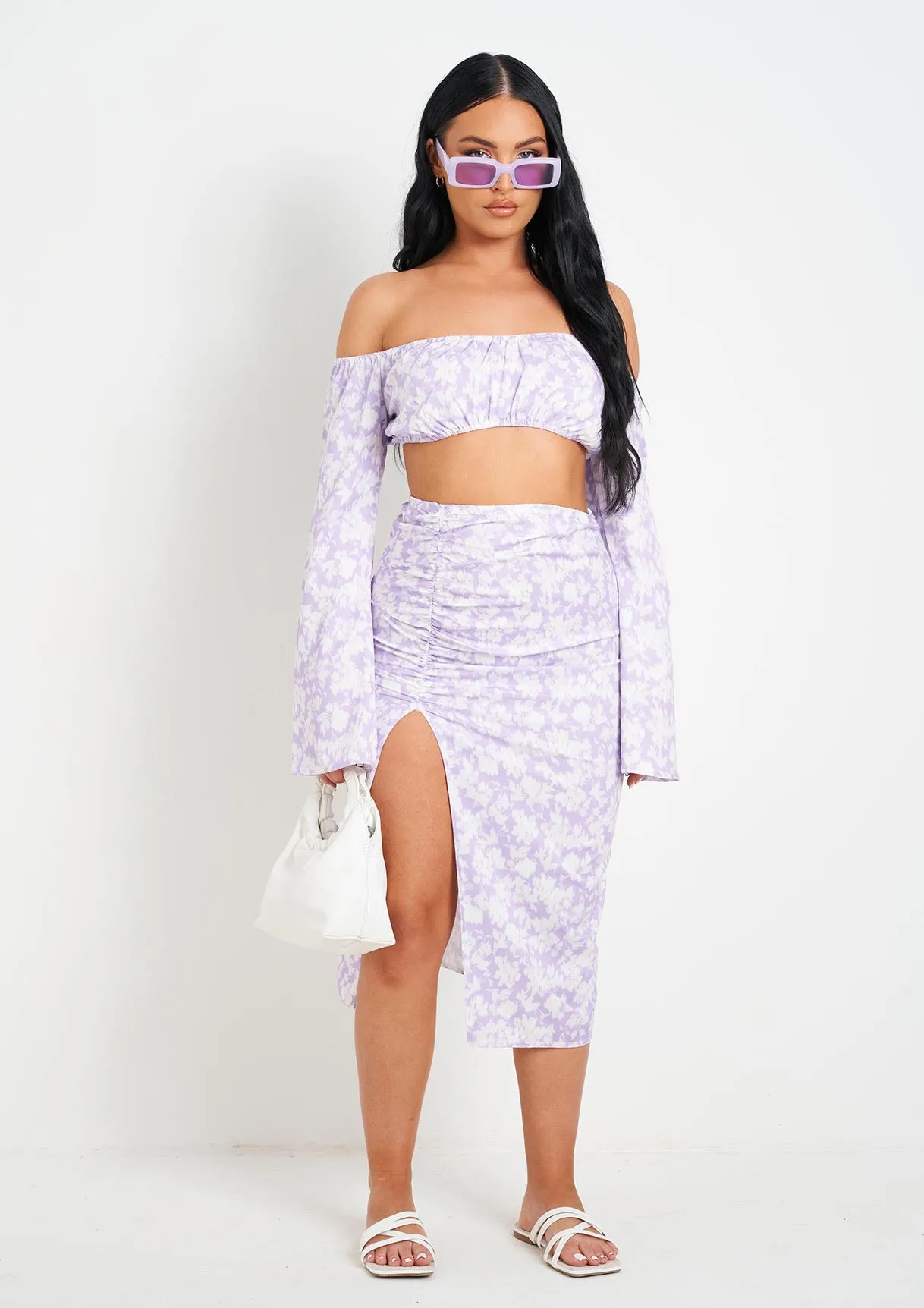 Meriah Lilac Floral Print Bardot Long Sleeve Crop Top sold by Missy Empire product image thumbnail 4