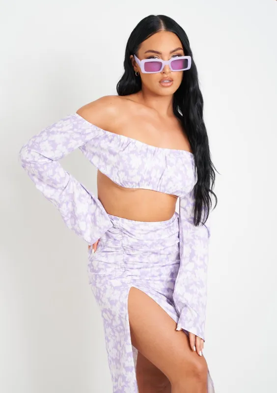 Meriah Lilac Floral Print Bardot Long Sleeve Crop Top sold by Missy Empire