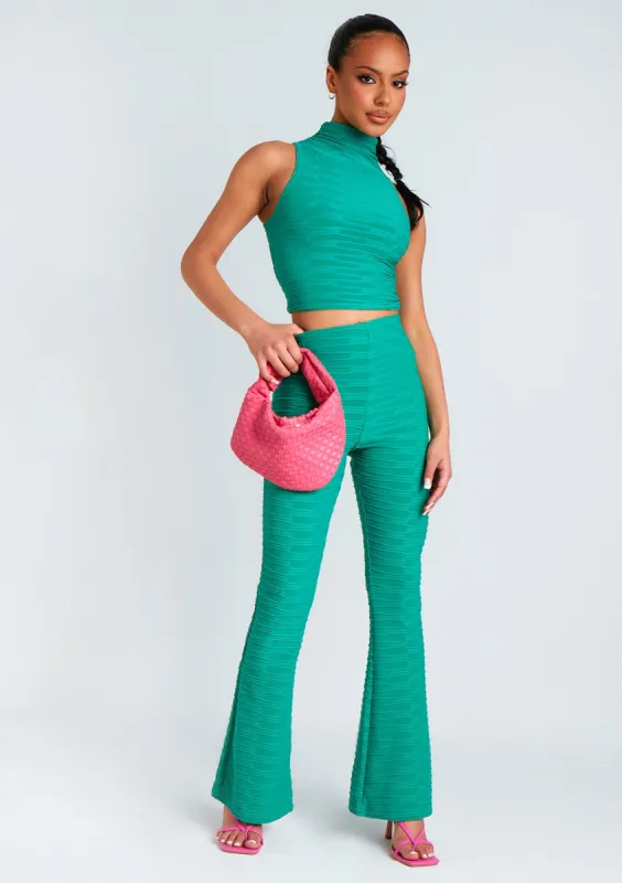 Maddy Green High Neck Ripple Crop Top And Flared Trouser Co Ord sold by Missy Empire