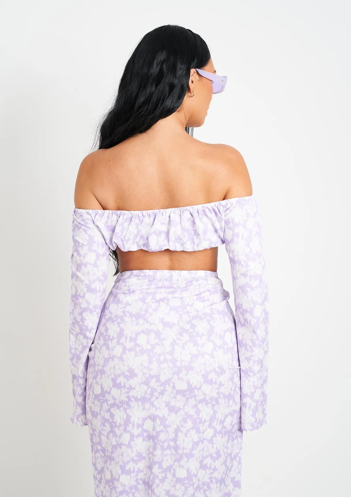 Meriah Lilac Floral Print Bardot Long Sleeve Crop Top sold by Missy Empire product image thumbnail 3