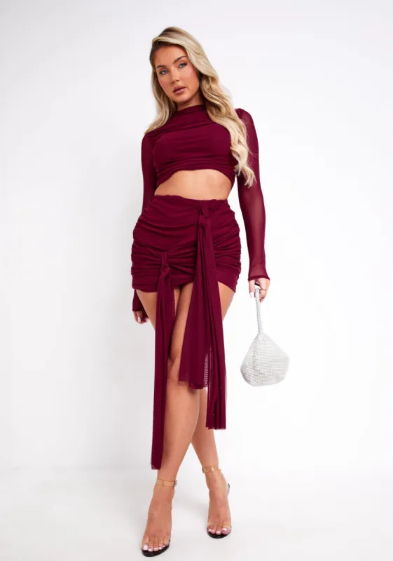 Alanna Burgundy Mesh Drape Detail Mini Skirt sold by Missy Empire