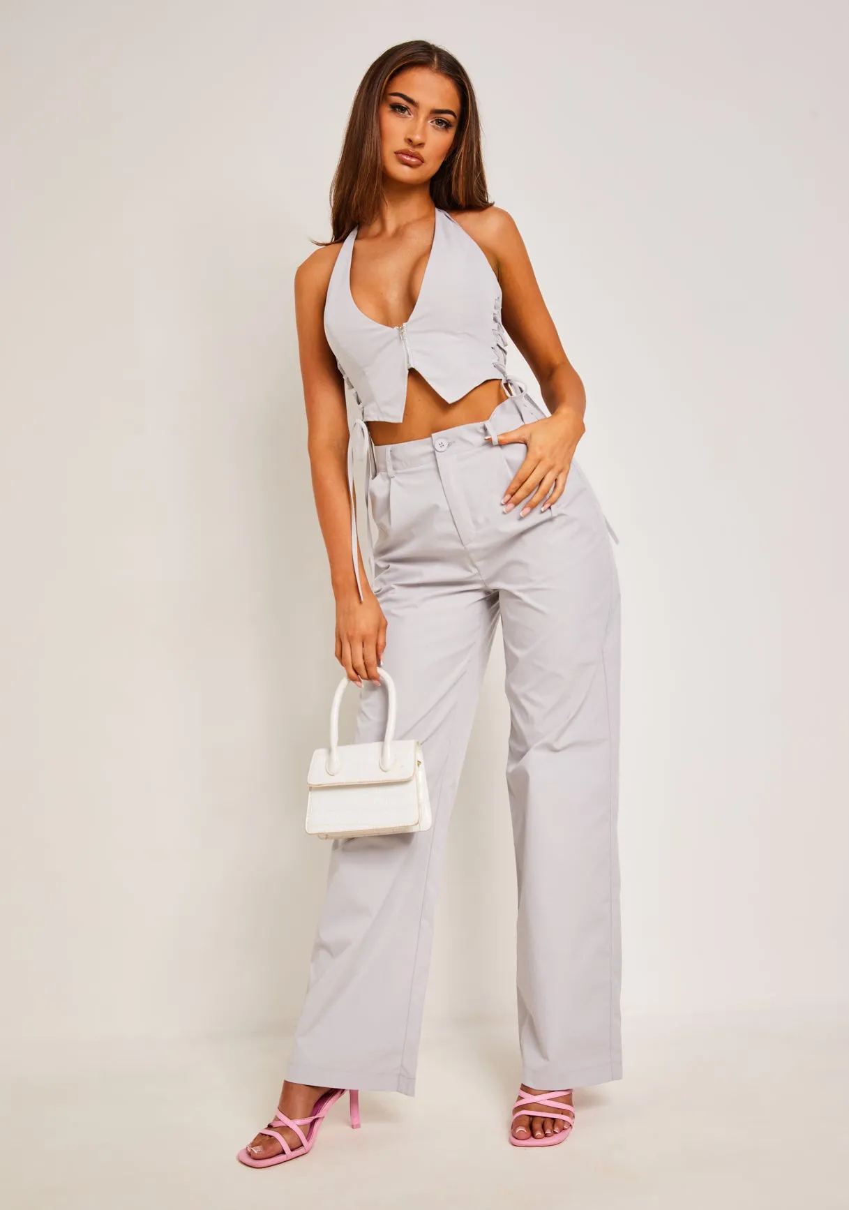 Yasmin Light Grey Straight Leg Trousers sold by Missy Empire
