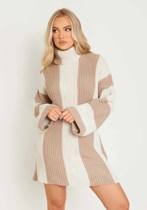 Coco Beige Knitted Stripe Roll Neck Jumper Dress sold by Missy Empire