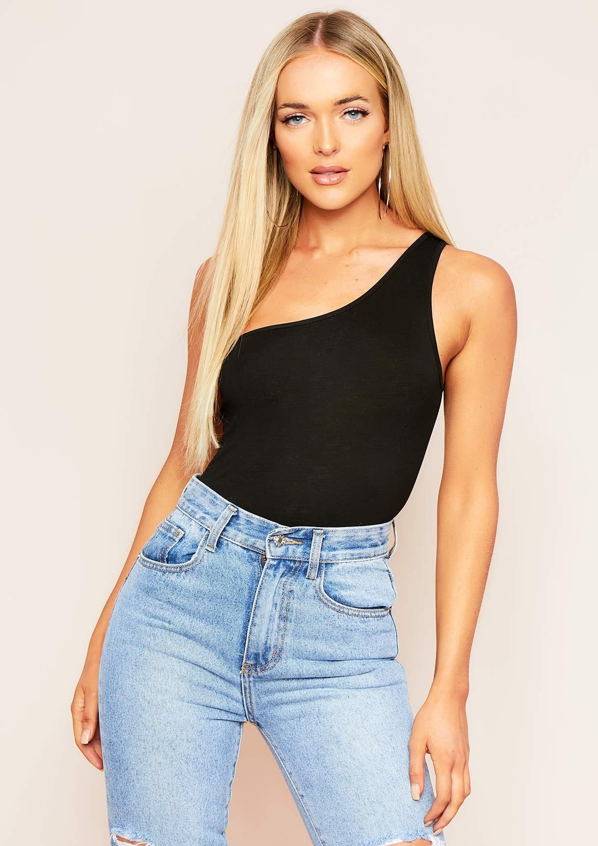Nina Black One Shoulder Bodysuit sold by Missy Empire
