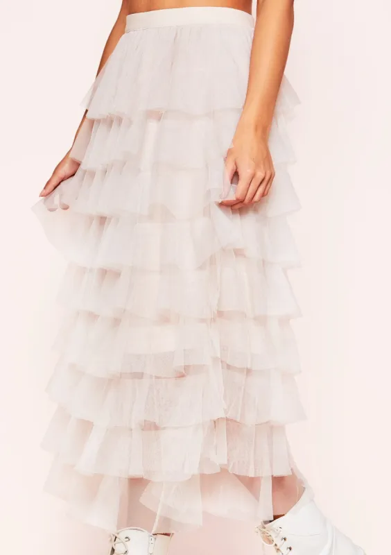 Allie Beige Mesh Layered Midi Skirt sold by Missy Empire