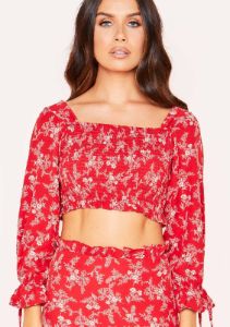 Ruth Red Floral Print Smock Crop Top sold by Missy Empire