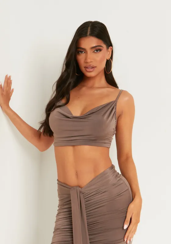 Althea Mocha Ruched Cowl Neck Bralette sold by Missy Empire