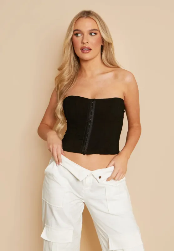 Scarlett Black Eyelet Panel Corset Top sold by Missy Empire